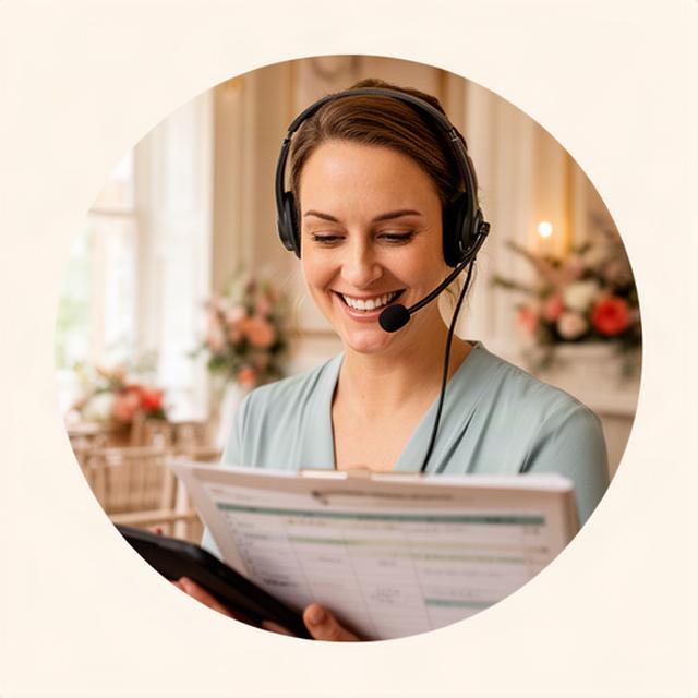Wedding planner smiling in a Windsor venue while wearing a headset and checking the event schedule