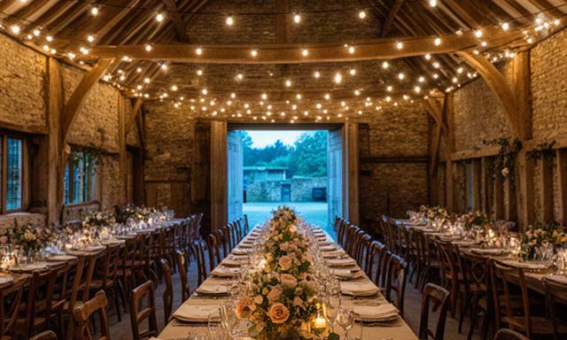 Rustic Buckinghamshire barn prepared for a wedding dinner with festoon lights