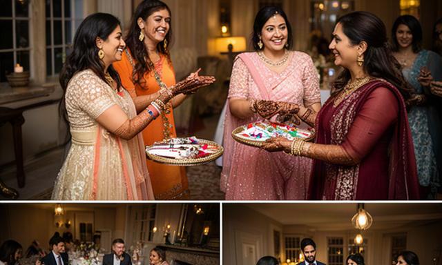 Mehendi artists greeting guests at a welcome dinner in a Berkshire country house