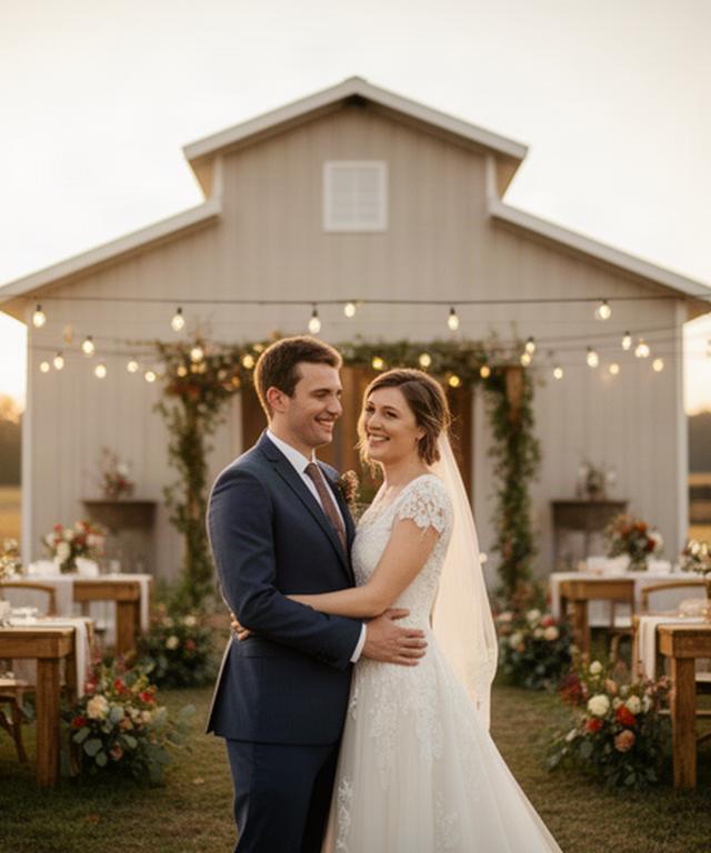 Happy newlywed couple outside a simple decorated barn wedding reception in soft evening light