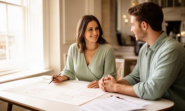 Wedding planner reviewing a seating plan with a couple beside a bright Windsor venue window