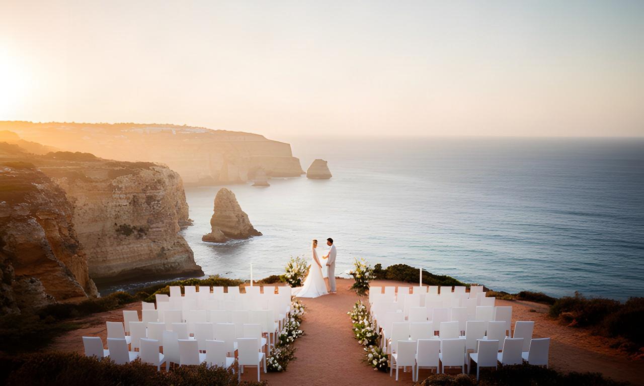 Clifftop wedding ceremony in the Algarve at sunset with white chairs facing the Atlantic Ocean