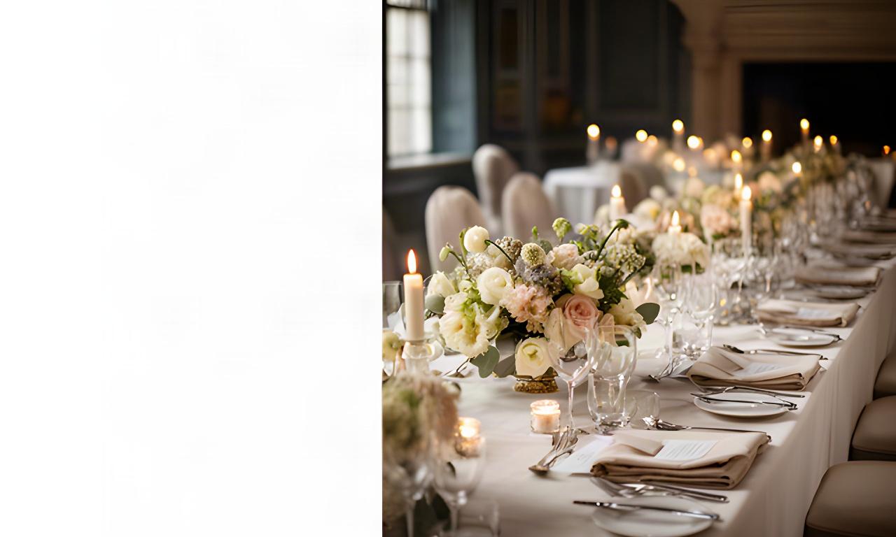 Elegant wedding tablescape with pale florals and candlelight in a Windsor venue
