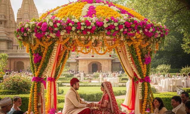 Hindu wedding ceremony beneath a flowered mandap at a Berkshire temple with garden reception beyond