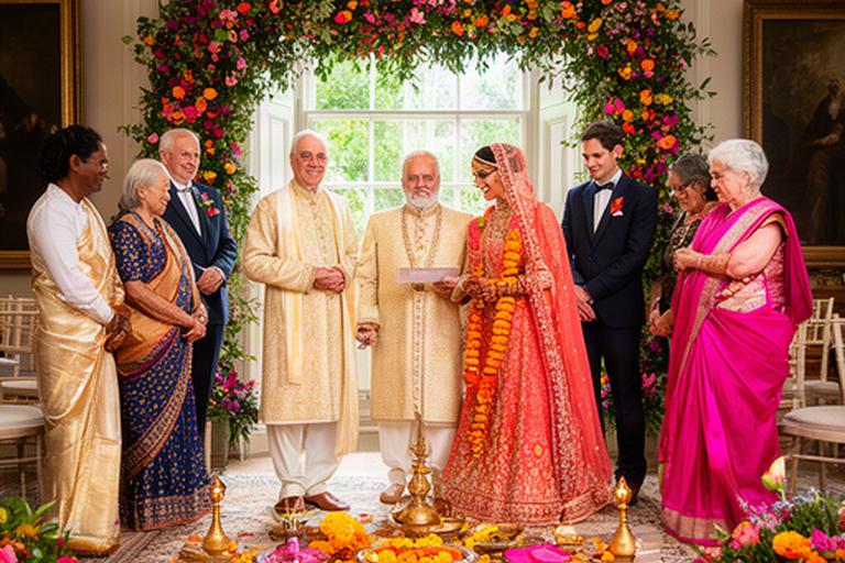 Hindu-Christian fusion wedding ceremony in a stately Berkshire home with colourful floral details