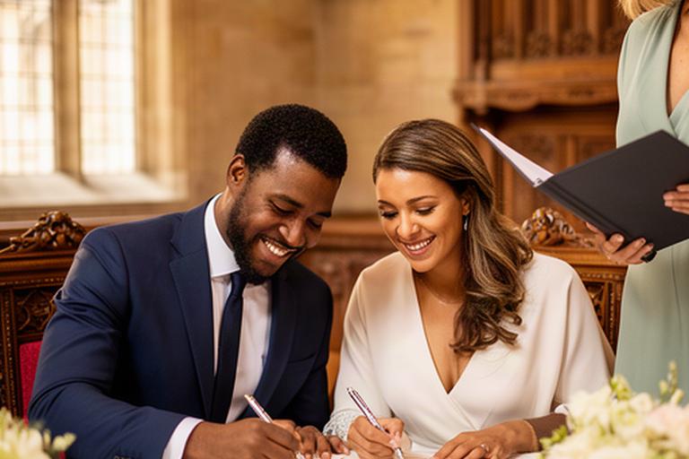 Diverse couple signing a civil ceremony register in an intimate historic Windsor room