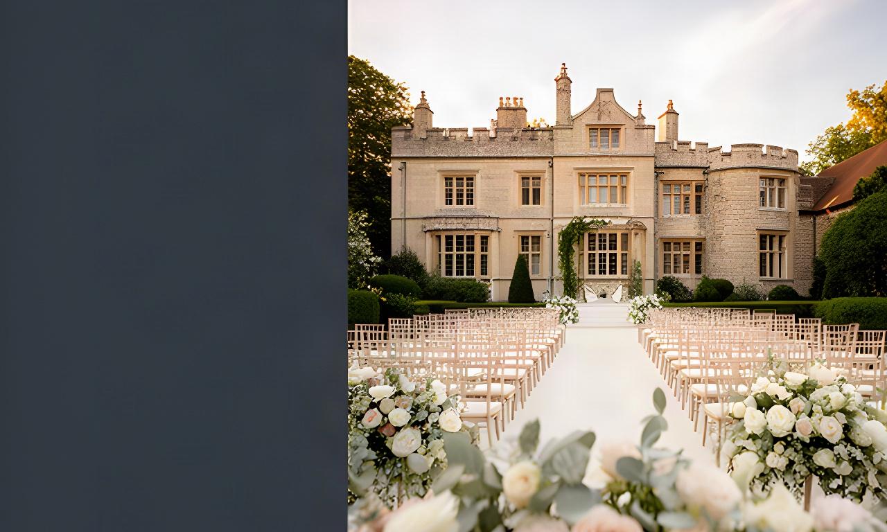 Elegant wedding ceremony beside a Windsor venue with pale flowers and rows of formal chairs