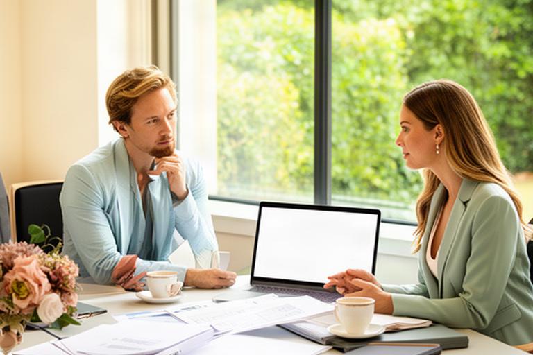 London couple reviewing wedding plans with Windsor greenery visible beyond a bright meeting room