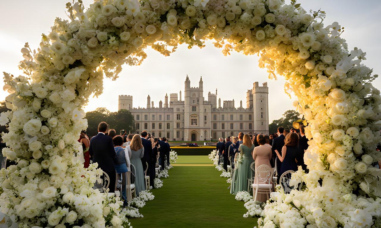 Grand ivory floral arch on a Windsor wedding lawn with Windsor Castle visible beyond the guests