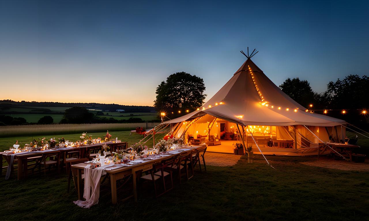 Warmly lit tipi wedding reception at sunset in a Berkshire meadow near Windsor