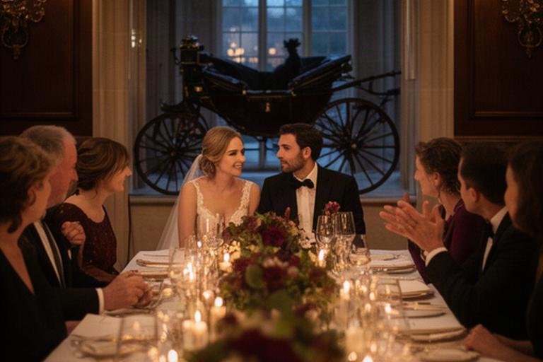 Intimate wedding dinner in a historic Windsor hotel with candlelit tables and a carriage surprise
