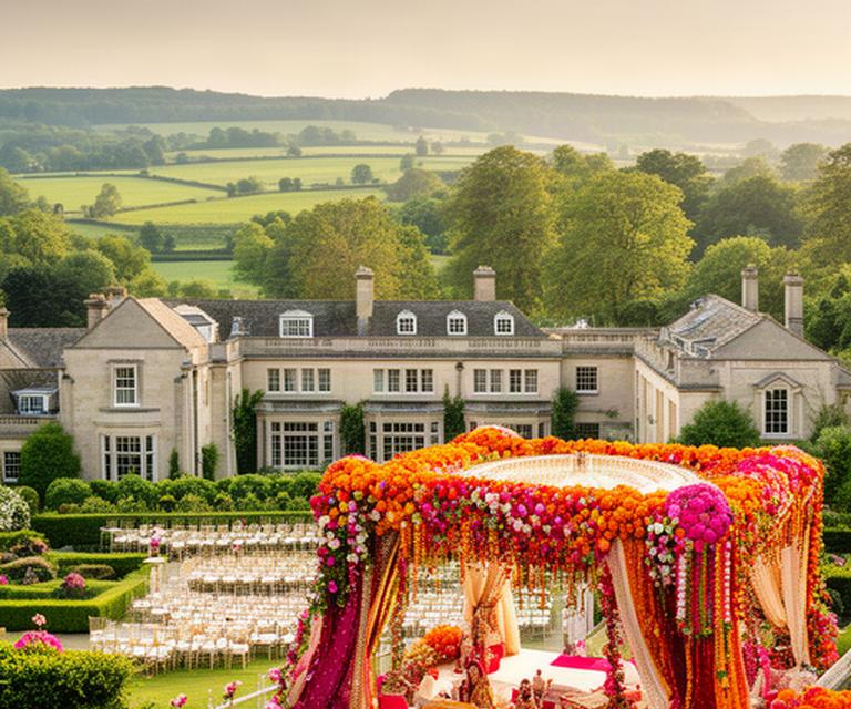 Vivid Hindu ceremony mandap beside a Berkshire countryside wedding venue