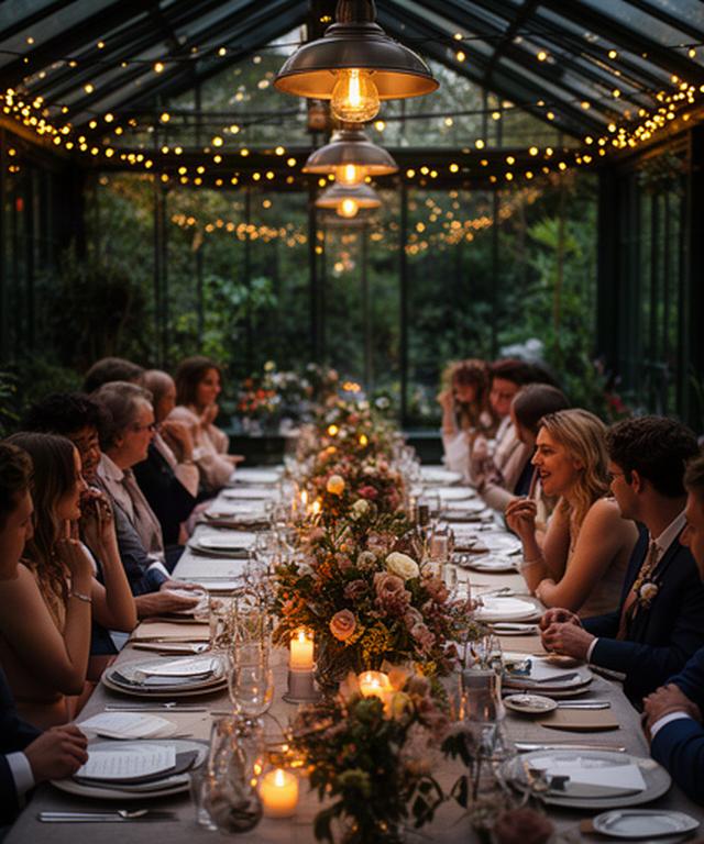 Forty-guest wedding dinner beneath warm lights in the garden room at The Oakley Court