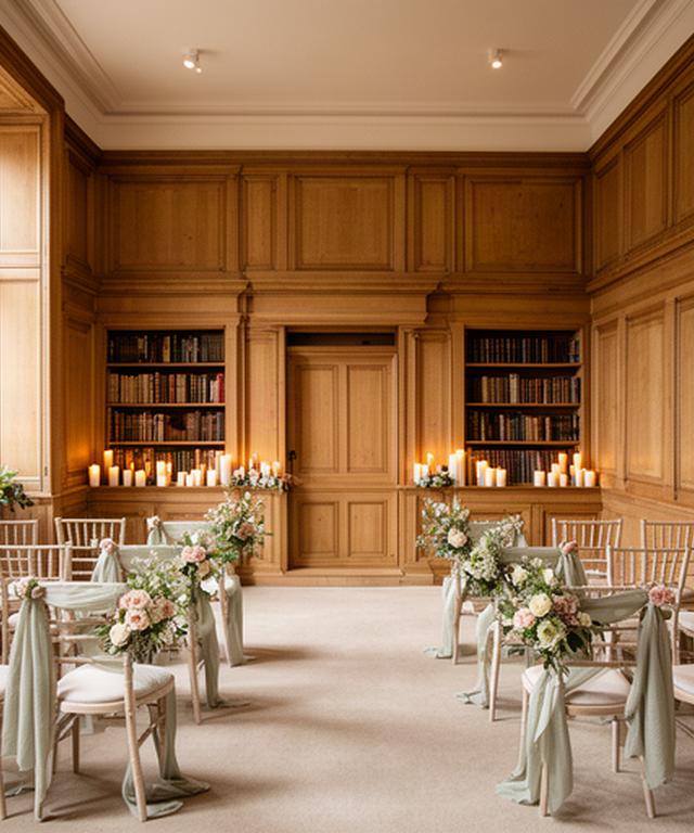Oak-panelled library prepared for an intimate wedding ceremony at The Oakley Court near Windsor