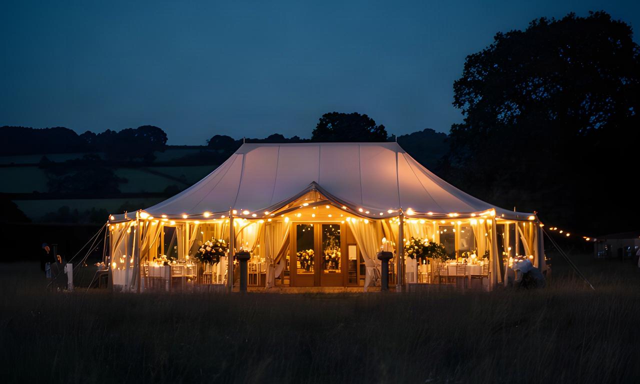 Elegant marquee reception glowing at dusk in a Windsor countryside setting