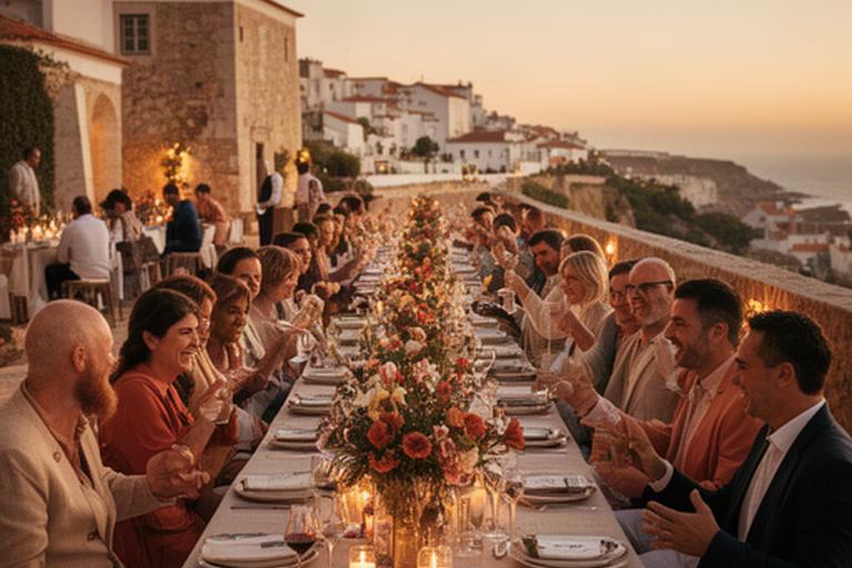 Destination wedding reception in Portugal with long tables, warm evening light and coastal flowers