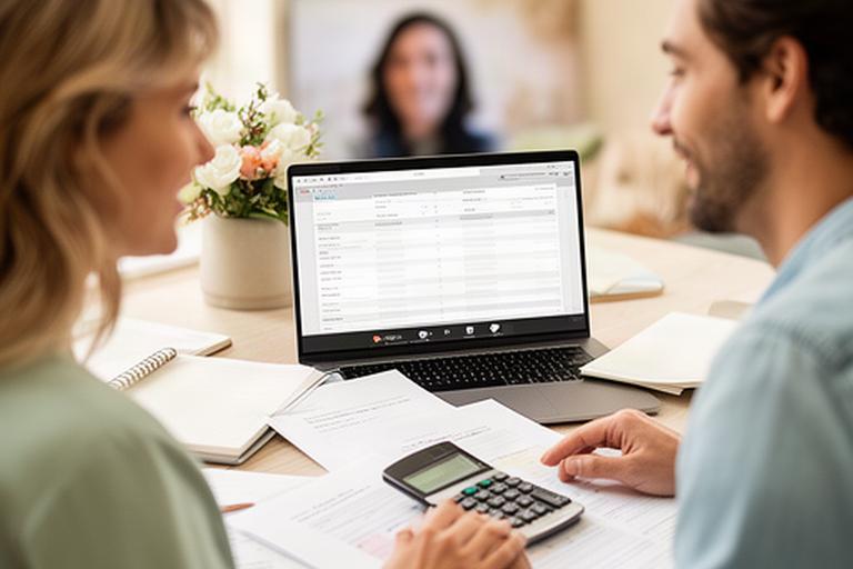 Couple on a laptop call with their wedding planner while reviewing a clear budget at home