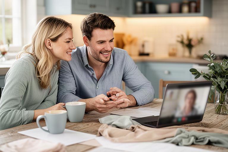 Couple speaking with their wedding planner during a video call at a kitchen table with planning notes and coffee