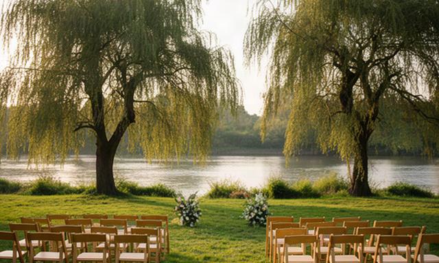 Riverside meadow wedding ceremony with wooden chairs and willow trees in Berkshire