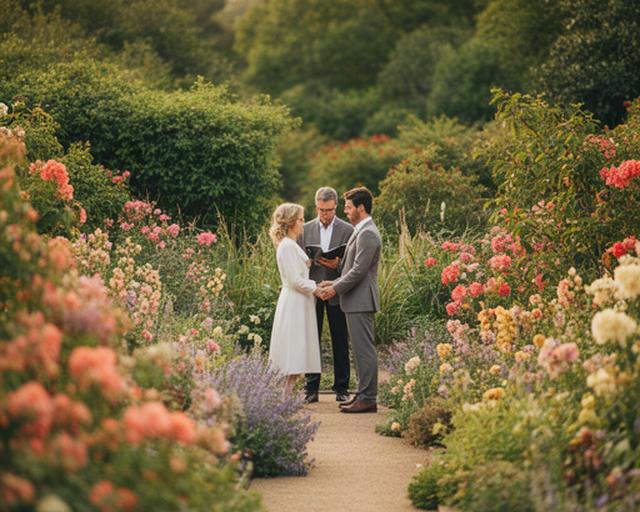 Couple exchanging vows among flowering borders at Savill Garden near Windsor