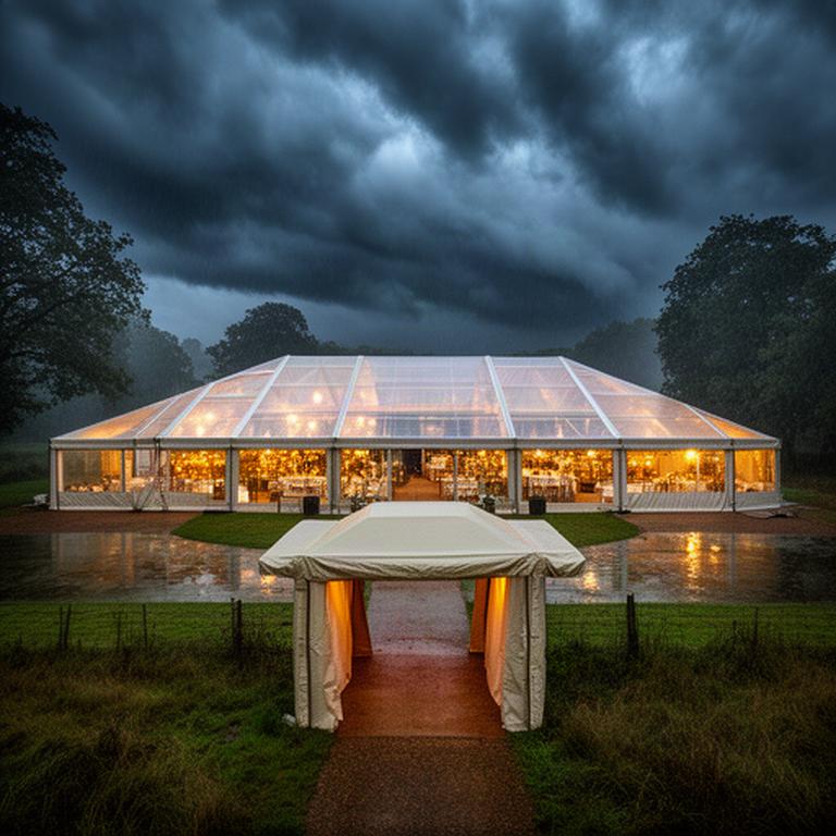 Marquee glowing under storm clouds with clear roof panels and warm interior lighting