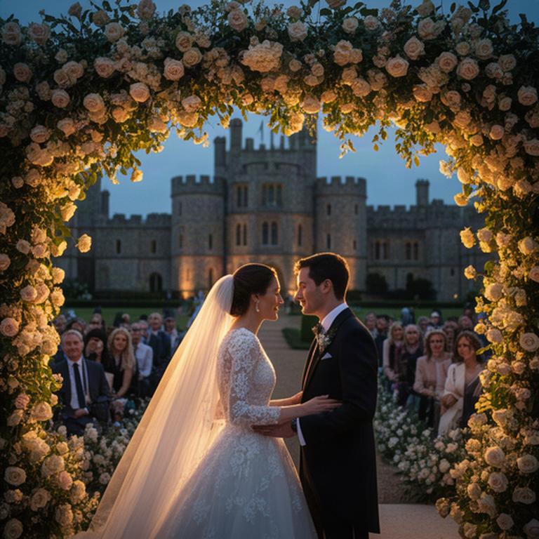 Couple at a Castle-facing ceremony beneath a floral installation in warm evening light