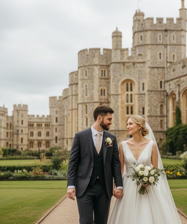 Newly married couple holding hands beside Windsor Castle after a quiet civil ceremony
