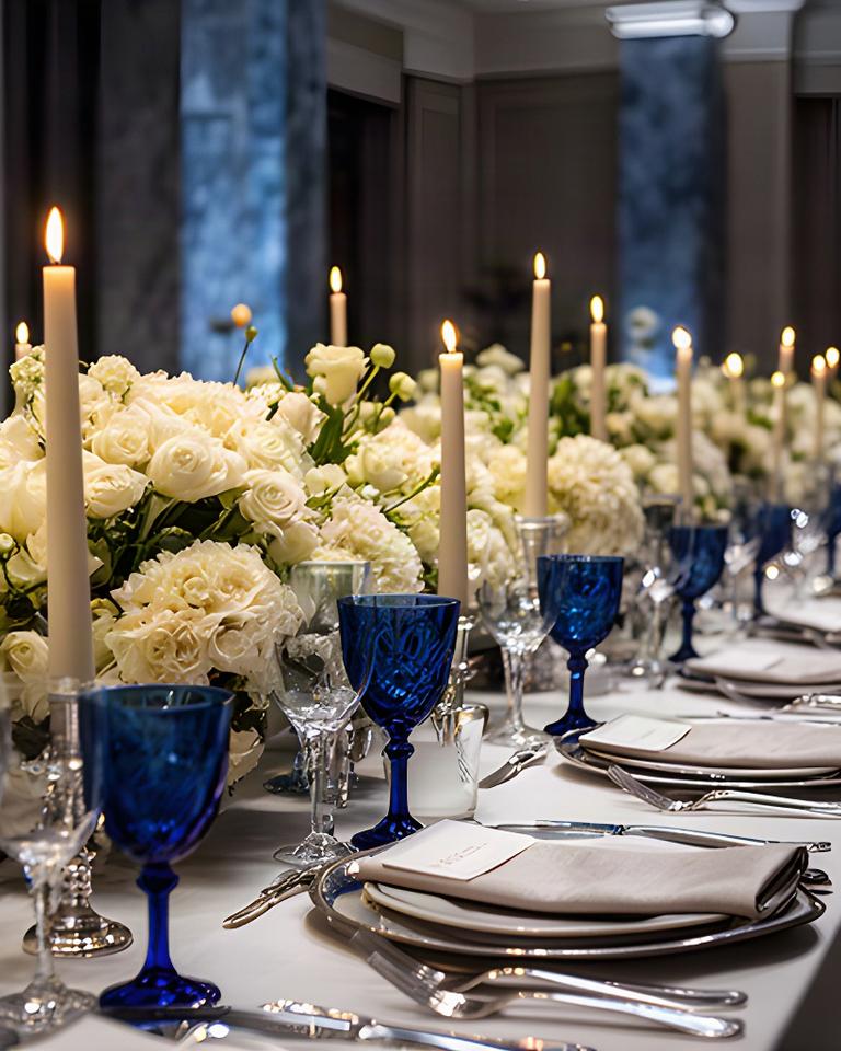Formal luxury hotel wedding tablescape with ivory flowers, blue glassware, and candlelight