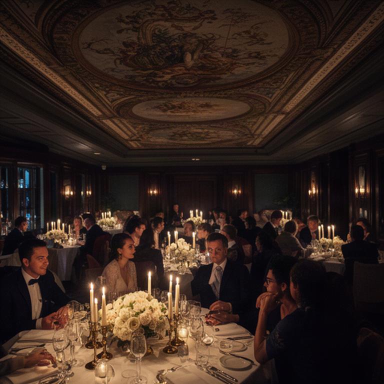 Private members club reception with candlelit tables and guests seated beneath a detailed ceiling