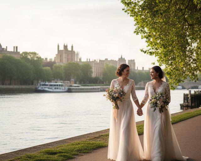 Two brides walking beside the River Thames in Windsor after their intimate ceremony