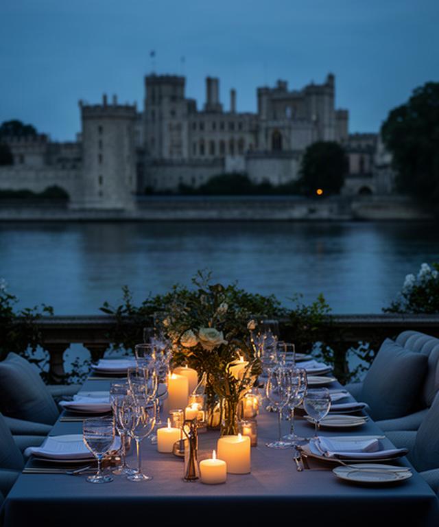 Riverside terrace wedding table with Windsor Castle view and candlelit place settings