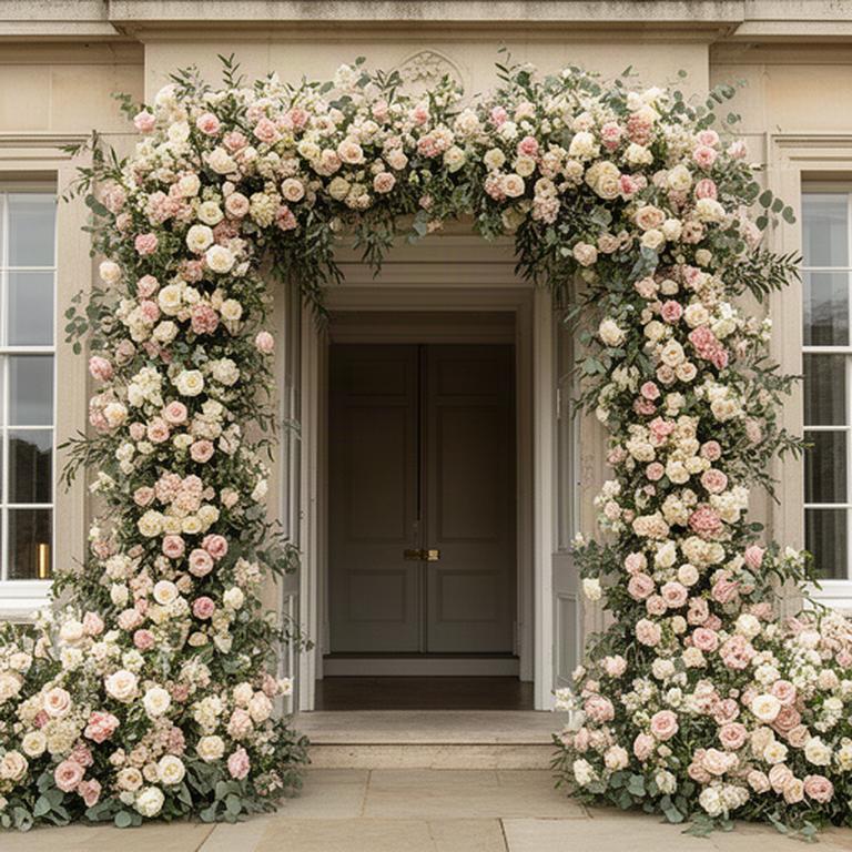 Large blush and ivory floral installation framing the entrance of an elegant Windsor venue