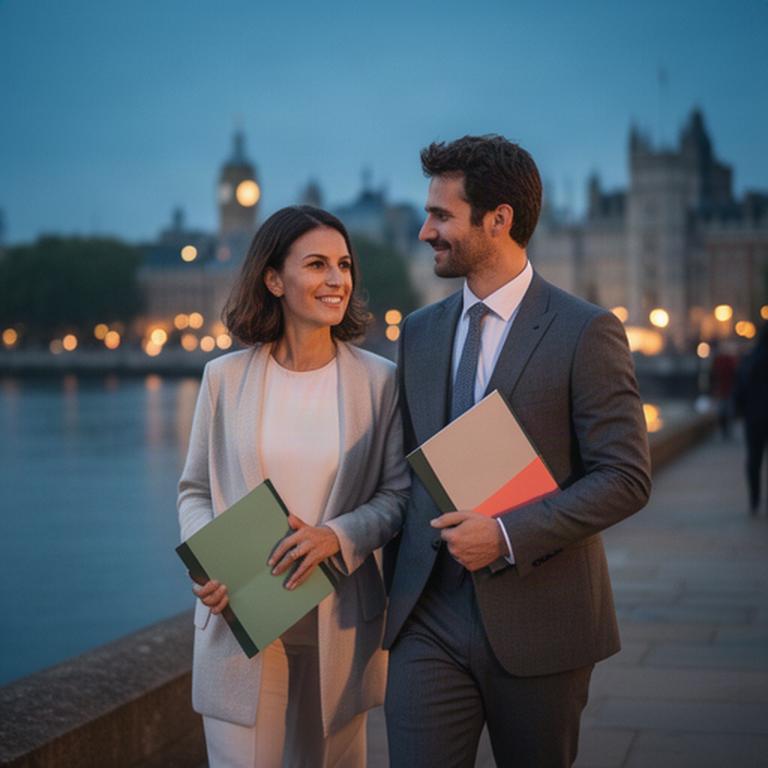 Stylish couple arriving at Windsor and Eton Riverside with a wedding folder and evening city light behind them